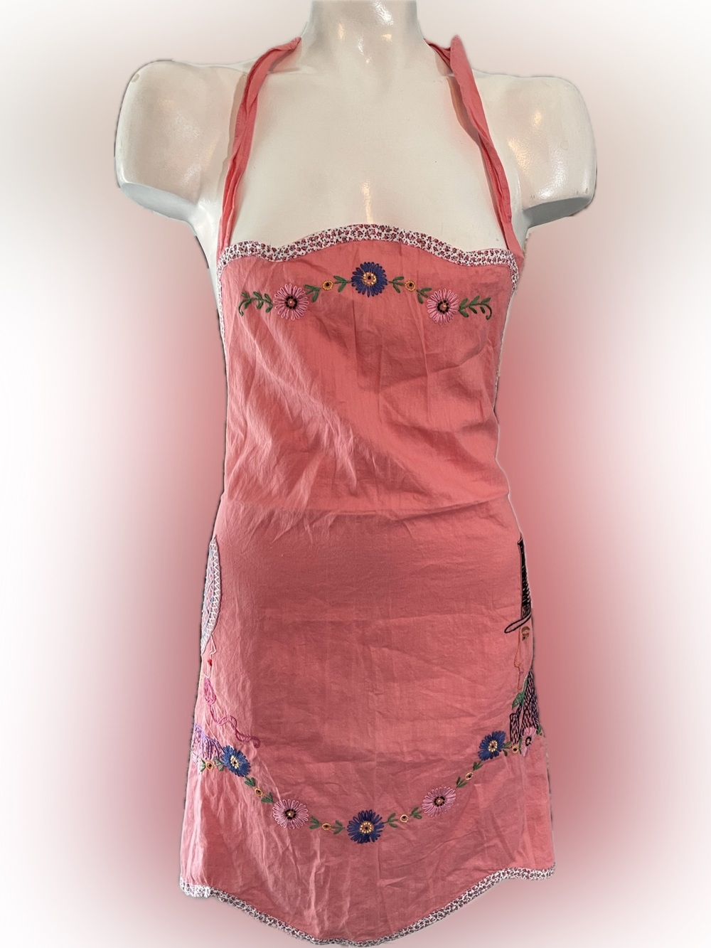 Pink Hand Embroidered Floral Apron